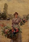 Arc Canvas Paintings - A Flower Seller Near The Arc De Triomphe